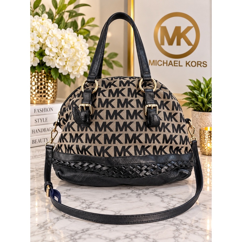Michael Kors Gladstone Satchel Monogram Canvas Black Leather Braided Bag